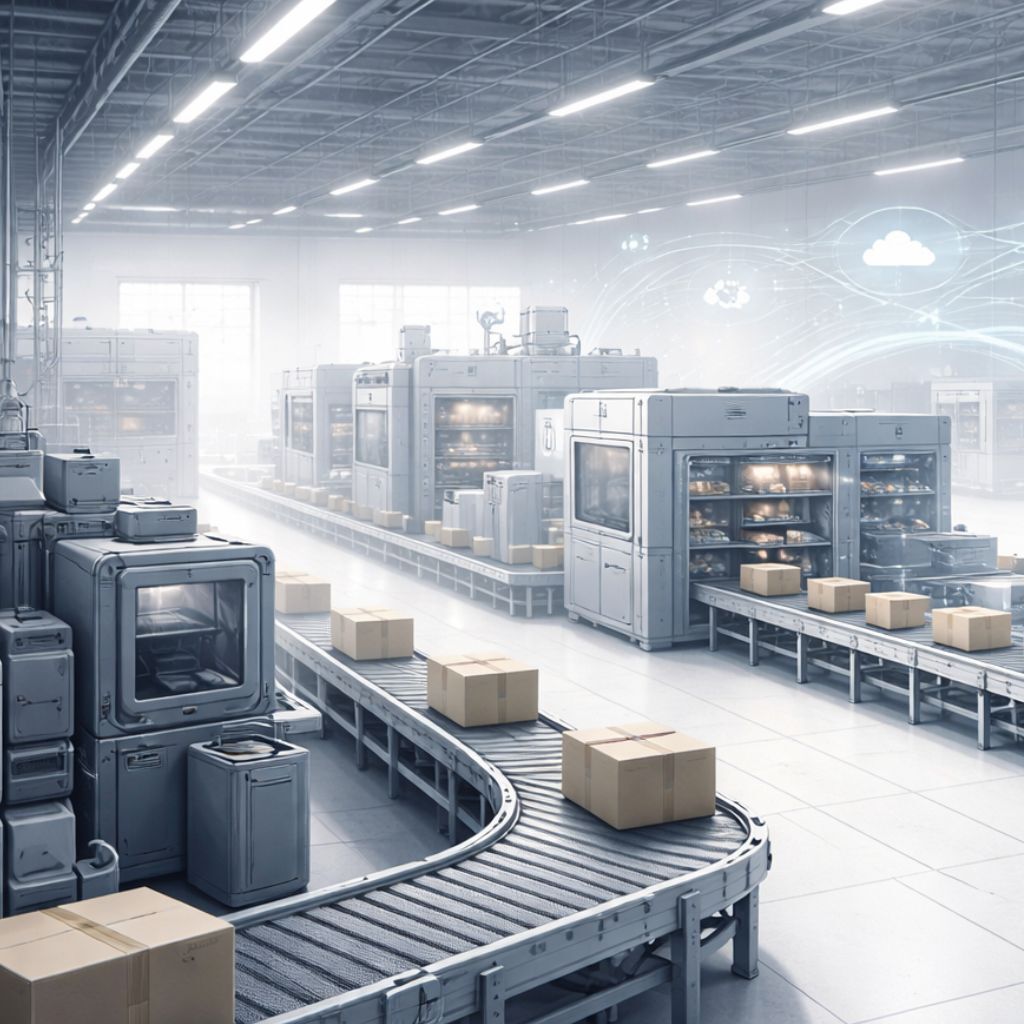 Automated smart factory with AI-powered packaging systems.