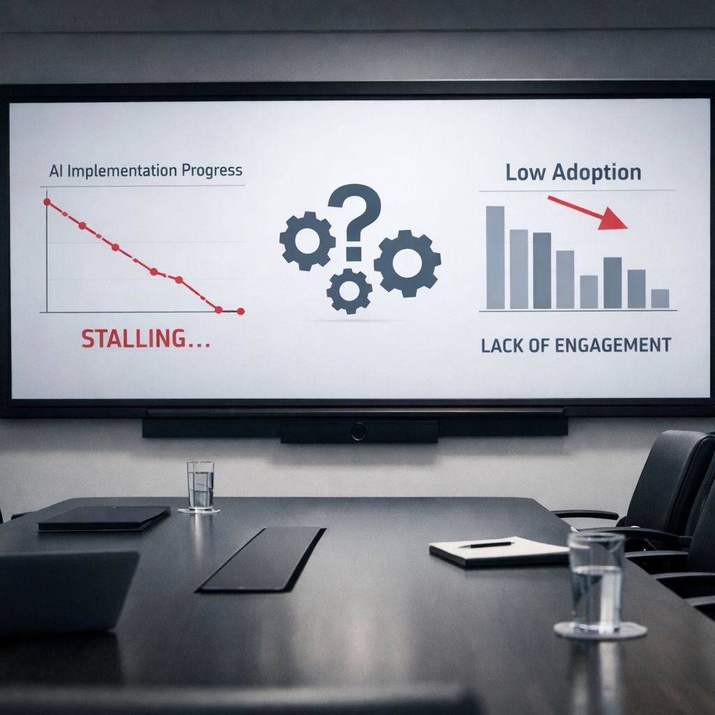 Modern conference room showing stalled AI initiative metrics