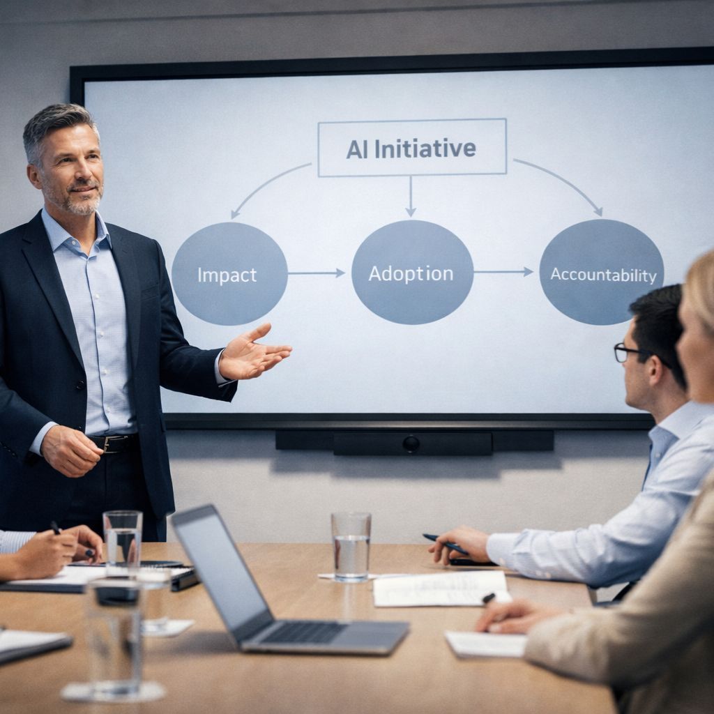 Executive leading team discussion on AI initiative ownership